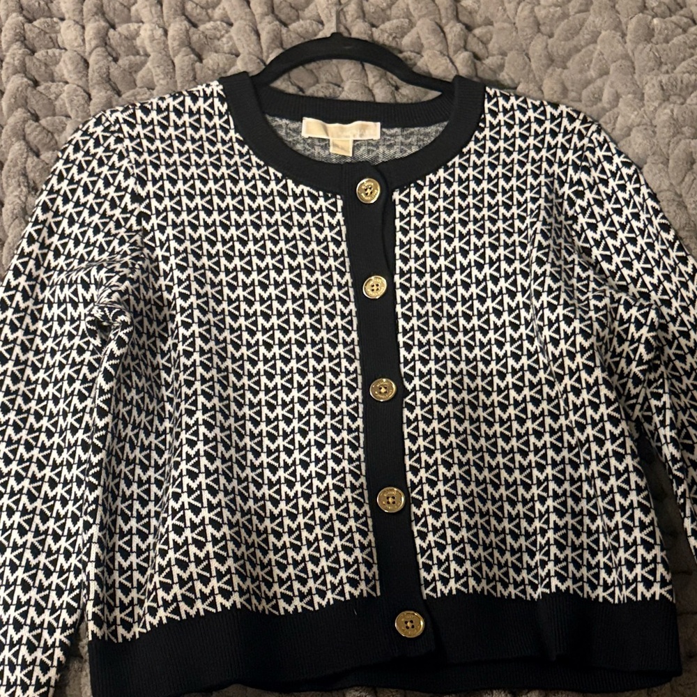 Michael Kors Black and White Patterned Button-Front Cardigan